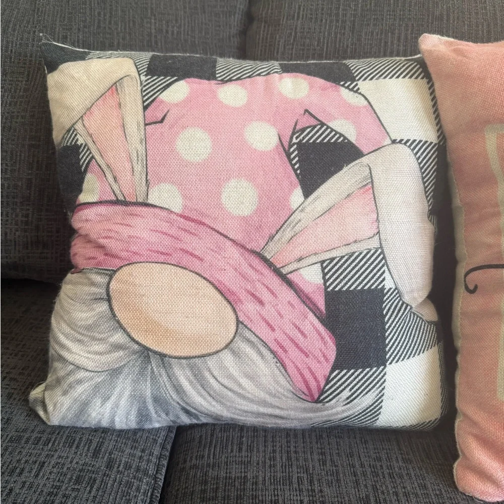 Easter Gnome & Bunny Decorative Throw Pillow cover Set - Pink, Blue, Gray